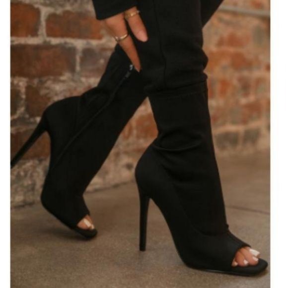 Black Lycra Squared Open Toe Ankle Booties - Picture 9 of 9